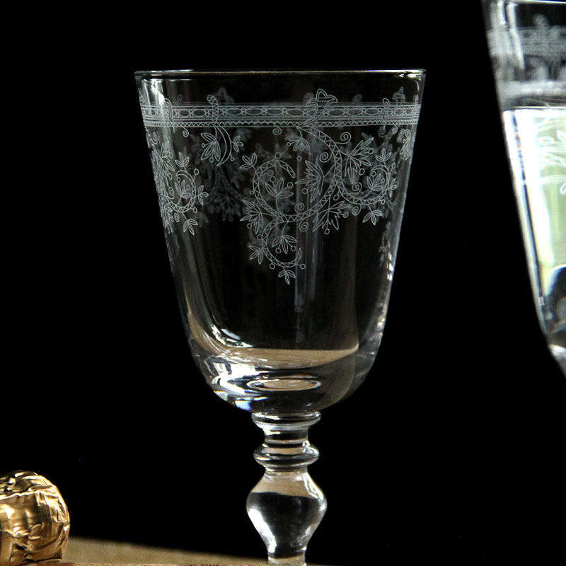 French Vintage-Style Stemmed Wine Glass With Etched Patterns